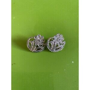 925 Sterling Silver Vintage Real Marcasite Gemstone Floral Earrings